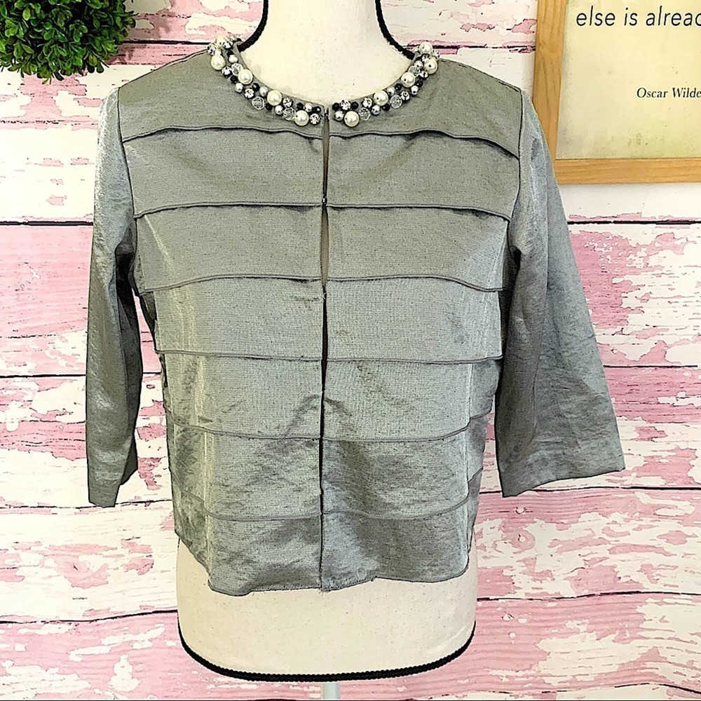 RUBY Rd Silver Layered Pearl Embellished Petite Blazer Jacket size 4P